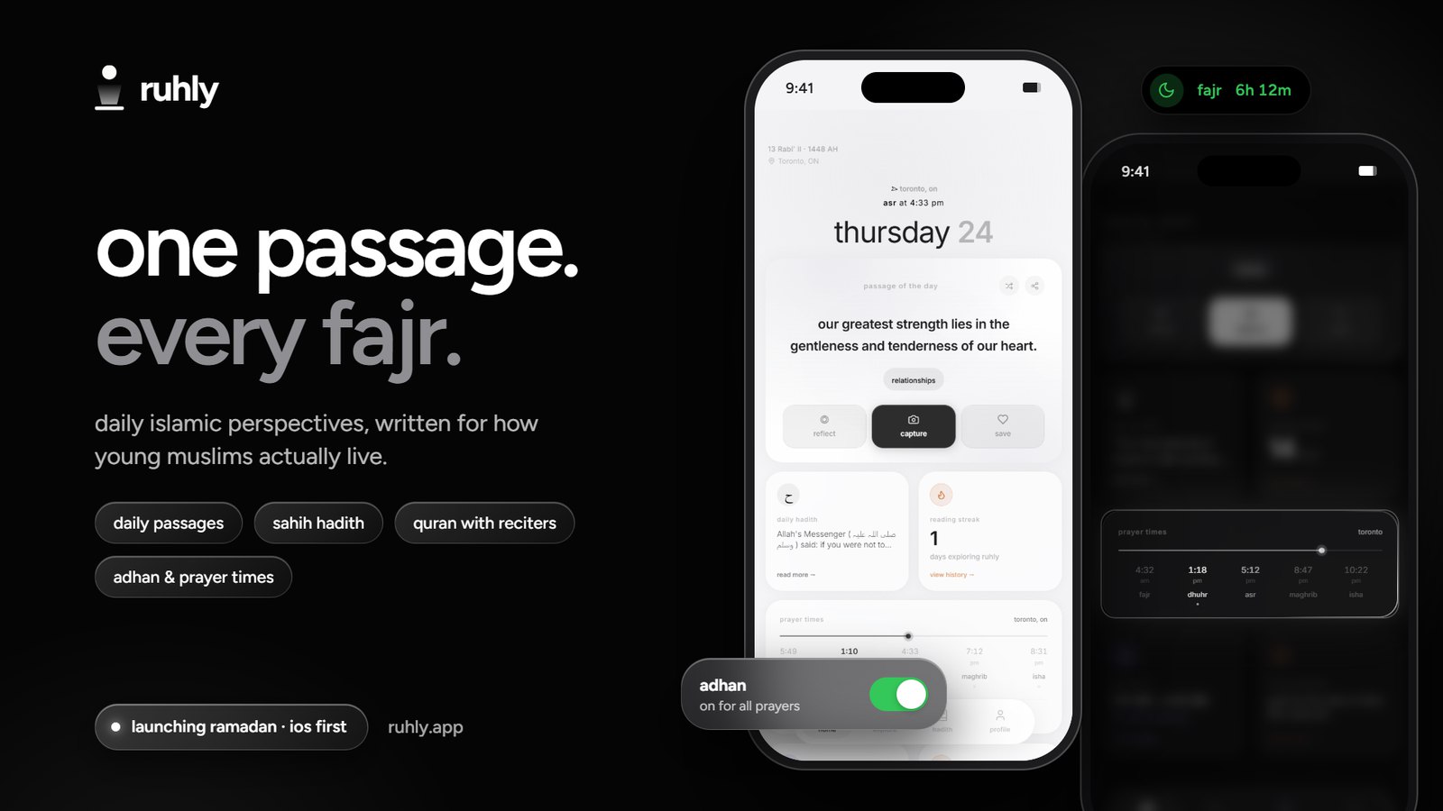 ruhly app: passage of the day, prayer times and adhan screens